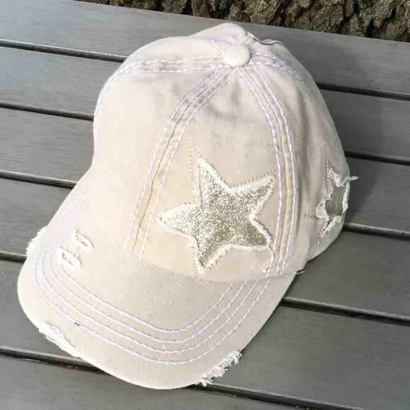 C.C Accessories - DISTRESSED STAR BEIGE C.C PONYCAP NEW WITH TAGS